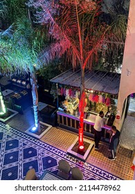 Fes, Morocco - December 31, 2021; Night Cafe With Very Colourful Lights In Morocco