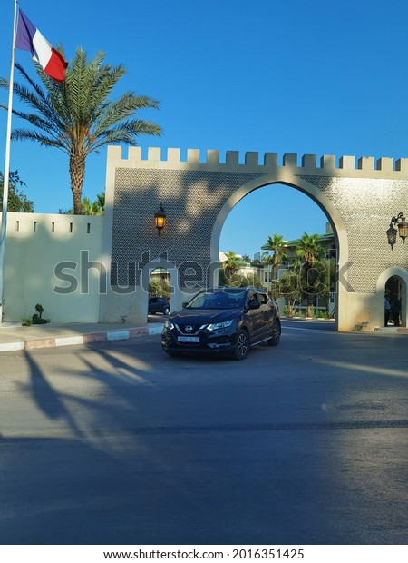 Fes, Morocco - July 28, 2021; Nissan Qashqai leaving\
Hotel Palais Medina Fes