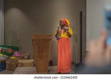 Fes, Morocco - March 08, 2020; Black Woman Giving A Speech During The International Women's Day