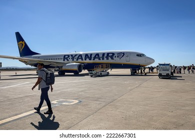 Fes, Morocco - September 15, 2022; Passengers Boarding A Ryanair Boeing 737 Plane In The Airport