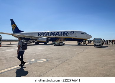 Fes, Morocco - September 15, 2022; Passengers Boarding A Ryanair Boeing 737 Plane In The Airport