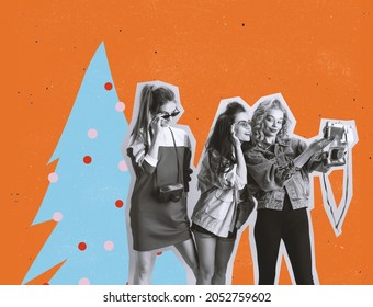 Fest selfie. Three young girls in retro 90s fashion style, outfits posing isolated over orange background. Concept of holidays, New Year, Chrestmas, 2022. Magazine style, contemporary art collage.
