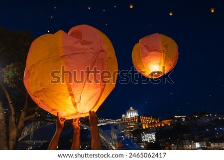 Similar – Image, Stock Photo Illuminated sky lantern floating in the night sky