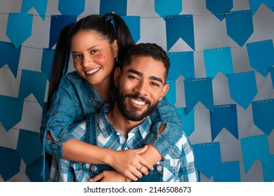 Festa Junina: Party In Brazil, Portrait Of Brazilian Couple Smiling At June Festival Wearing Costume