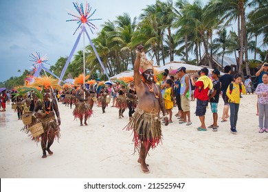 Festival Ati-Atihan on Boracay, Philippines, on January 12th 2014. Is celebrated every year in January. Parade in carnival costumes.