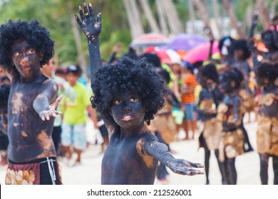 Festival Ati-Atihan on Boracay, Philippines, on January 12th 2014. Is celebrated every year in January. Parade in carnival costumes.