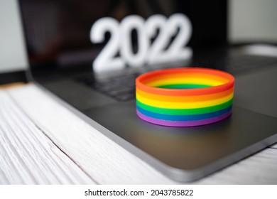 Festival People Celebrate Meting  LGBTQ+ Gay Pride Month Event Day Concept 2022. Colorful Rainbow Gender Symbol Heart Sex Love Flag Background United Kingdom. Lesbian, Bisexual, Asexual, Intersex.