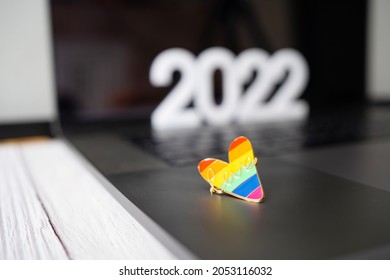 Festival People Celebrate Meting  LGBTQ+ Gay Pride Month Event Day Concept 2022. Colorful Rainbow Gender Symbol Heart Sex Love Flag Background United Kingdom. Lesbian, Bisexual, Asexual, Intersex.