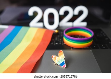 Festival People Celebrate Meting  LGBTQ+ Gay Pride Month Event Day Concept 2022. Colorful Rainbow Gender Symbol Heart Sex Love Flag Background United Kingdom. Lesbian, Bisexual, Asexual, Intersex.