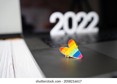 Festival People Celebrate Meting  LGBTQ+ Gay Pride Month Event Day Concept 2022. Colorful Rainbow Gender Symbol Heart Sex Love Flag Background United Kingdom. Lesbian, Bisexual, Asexual, Intersex.