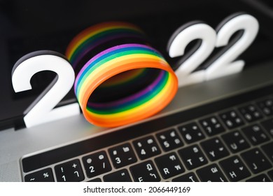 Festival People Celebrate Meting  LGBTQ+ Gay Pride Month Event Day Concept 2022. Colorful Rainbow Gender Symbol Heart Sex Love Flag Background United Kingdom. Lesbian, Bisexual, Asexual, Intersex.