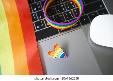 Festival People Celebrate Meting  LGBTQ+ Gay Pride Month Event Day Concept 2022. Colorful Rainbow Gender Symbol Heart Sex Love Flag Background United Kingdom. Lesbian, Bisexual, Asexual, Intersex.