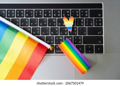 Festival People Celebrate Meting  LGBTQ+ Gay Pride Month Event Day Concept 2022. Colorful Rainbow Gender Symbol Heart Sex Love Flag Background United Kingdom. Lesbian, Bisexual, Asexual, Intersex.