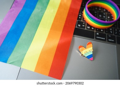 Festival People Celebrate Meting  LGBTQ+ Gay Pride Month Event Day Concept 2022. Colorful Rainbow Gender Symbol Heart Sex Love Flag Background United Kingdom. Lesbian, Bisexual, Asexual, Intersex.