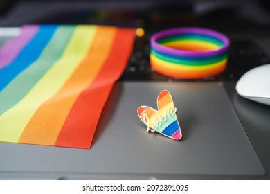 Festival People Celebrate Meting  LGBTQ+ Gay Pride Month Event Day Concept 2022. Colorful Rainbow Gender Symbol Heart Sex Love Flag Background United Kingdom. Lesbian, Bisexual, Asexual, Intersex.