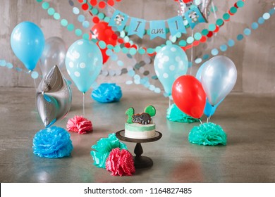 Festive background decoration for baby birthday celebration with gourmet cake smash first year concept.