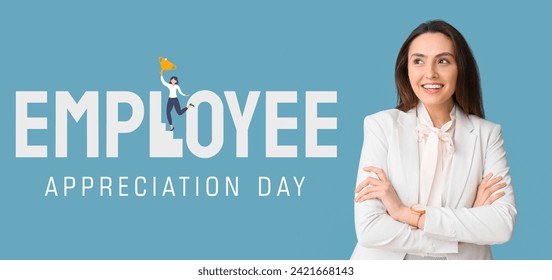 Festive banner for Employee Appreciation Day with young businesswoman