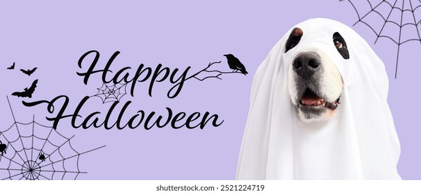 Festive banner for Happy Halloween with cute dog dressed as ghost - Powered by Shutterstock