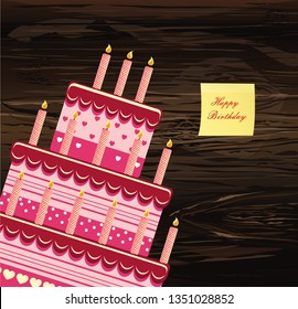 Festive Big Cake. Happy Birthday.  Empty Yellow Sheet Of Paper For Notes. Sticker. Greeting Card Or Invitation For A Holiday. Vector On Wooden Background.