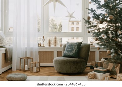 Festive cabinet display with holiday decor, a nutcracker, and candlelight. Warm and elegant Christmas home decor. - Powered by Shutterstock