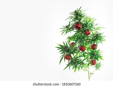 Festive Cannabis Christmas Tree On White Background