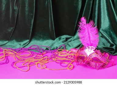 Festive Carnival Mask For Mardi Gras Festival, Green Velvet Curtain Purple Background