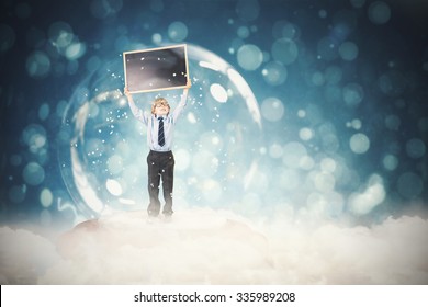 Festive child in snow globe against blue abstract light spot design - Powered by Shutterstock