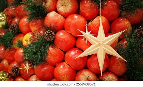 Festive Christmas Arrangement with Red Apples, Pinecones, and Star Ornament for Seasonal Celebrations and Holiday Promotions - Powered by Shutterstock