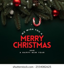 A festive Christmas card featuring pine branches, ornaments, and a candy cane. The text "We Wish You a Merry Christmas and a Happy New Year" is displayed in bold red font on a dark green background. - Powered by Shutterstock