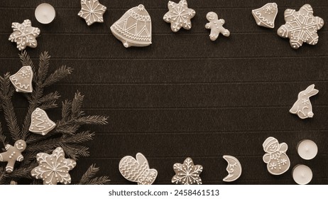 Festive Christmas Cookies And Decor, Sepia-Toned Display Of Holiday Treats And Pine - Powered by Shutterstock