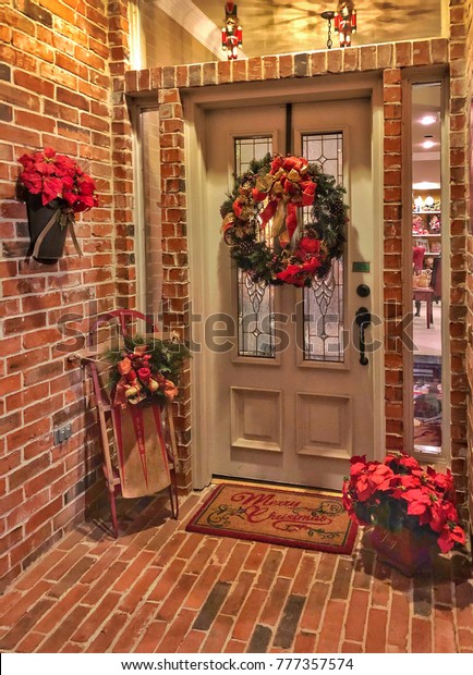 Festive Christmas Decorations Front Doorway Home Stock Photo Edit