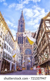 Festive Christmas Decorations On Streets In Medieval City Of Strasbourg - Capital Of Noel, Alsace, France.