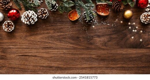 Festive Christmas decorations on a wooden table. Pinecones, ornaments, and greenery. Christmas spirit with festive decor and ornaments. Wood texture background. Christmas background. - Powered by Shutterstock