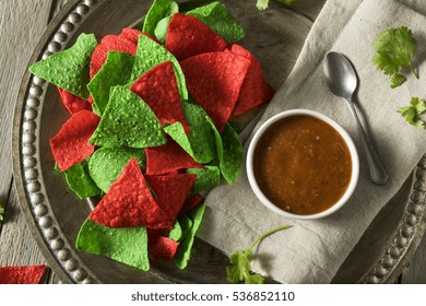 Festive Christmas Green And Red Tortilla Chips With Salsa