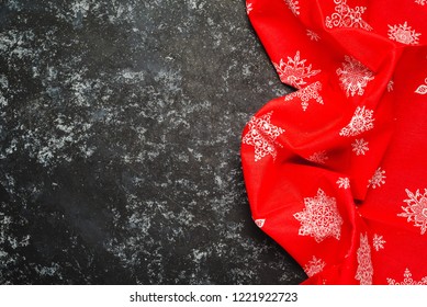 Festive Christmas Kitchen Towel Or Napkin Over Table, Copy Space, Top View, Flat Lay