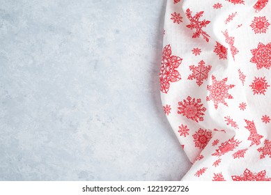 Festive Christmas Kitchen Towel Or Napkin Over Table, Copy Space, Top View, Flat Lay