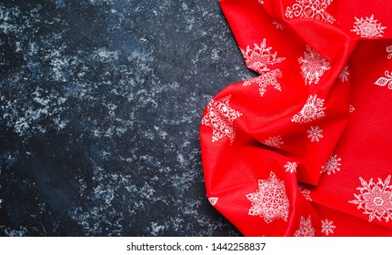 Festive Christmas Kitchen Towel Or Napkin Over Table, Copy Space, Top View, Flat Lay