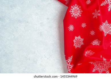 Festive Christmas Kitchen Towel Or Napkin Over Table, Copy Space, Top View, Flat Lay