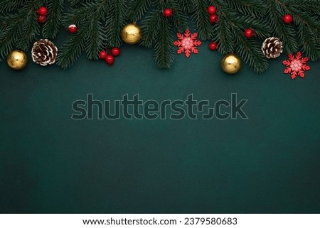 Festive christmas mockup with tinsel. Dark green vintage frame with golden and red ornaments. Blank xmas template with New Year decorations, empty space. Celebration card. Top view. Evergreen tree.
