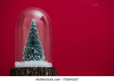 Festive Christmas Scene. Christmas Tree Inside A Glass Snowglobe