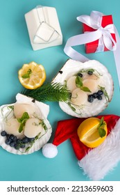 Festive Christmas Seafood Dinner. Scallops, Cottage Cheese And Milk