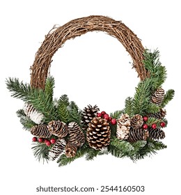 Festive Christmas wreath with pinecones, green pine branches, and red berries. Christmas holiday wreath design. Wreath features pinecones and festive greenery. Isolated on white background - Powered by Shutterstock