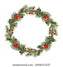 Festive Christmas wreath. Round frame made of coniferous branches decorated with cones and artificial red berries. Wreath isolated on white background, copy space. - Powered by Shutterstock