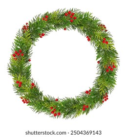 Festive Christmas wreath. Round frame of thuja twigs decorated with artificial red berries. Wreath isolated on white background, copy space. - Powered by Shutterstock