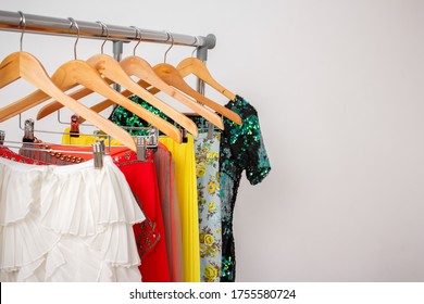 Festive Clothes On The Rail. Rental Fashion Clothes Concept. Fashion Blog, Website, Social Media Hero Header.