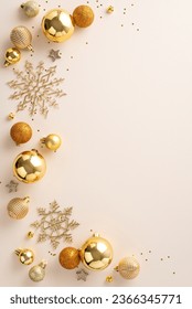 Festive Collection: Top view vertical photo featuring variety of tree adornments, baubles, shimmering stars, snowflake accents, confetti on pastel backdrop—ready for your holiday greetings or advert