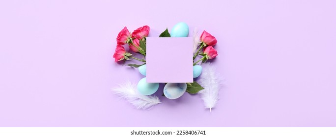 Festive composition with blank card, rose flowers, feathers and Easter eggs on lilac background - Powered by Shutterstock