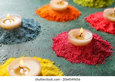 Festive composition with burning candles for celebration of Divaly on color background