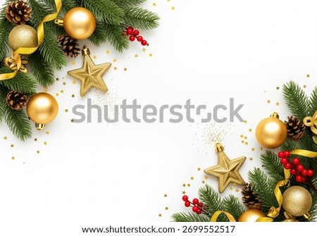 Festive corner border of pine branches with gold baubles, stars, pinecones, red berries and scattered gold confetti on white background.