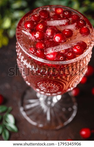Festive Cranberry and rosemary cocktail with ice on the dark background. Alcoholic or non-alcoholic cocktail.